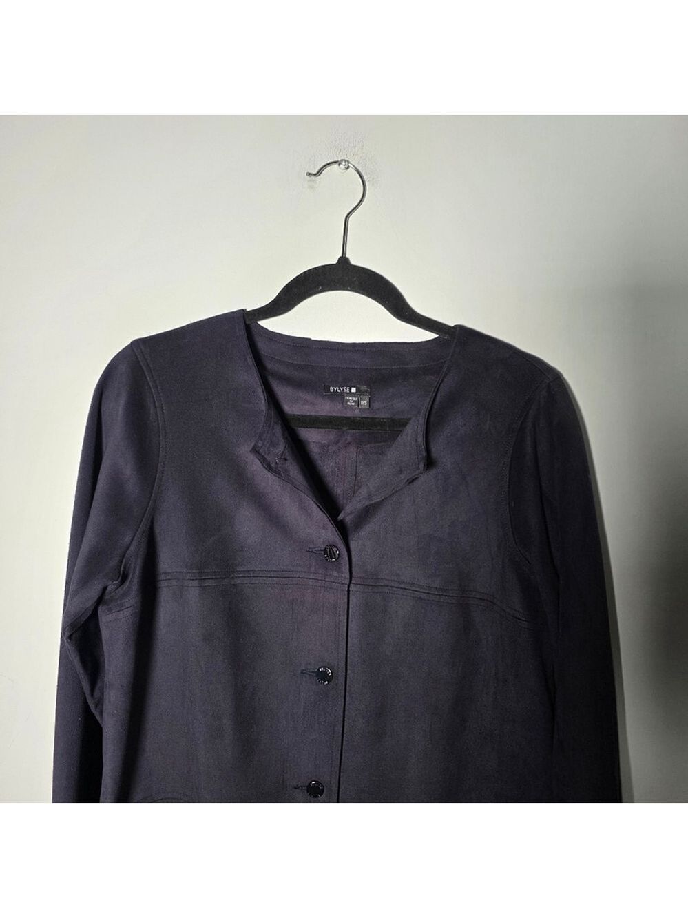 Bylyse Longline Faux Suede Jacket Navy Button Front Pockets Small - Picture 11 of 12